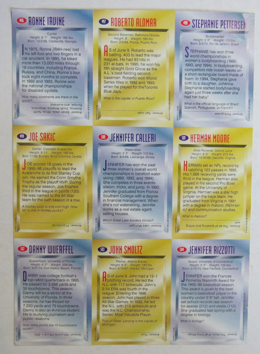 1997 Sports Illustrated for Kids 9 card Uncut Sheet Sakic, Smoltz  210993