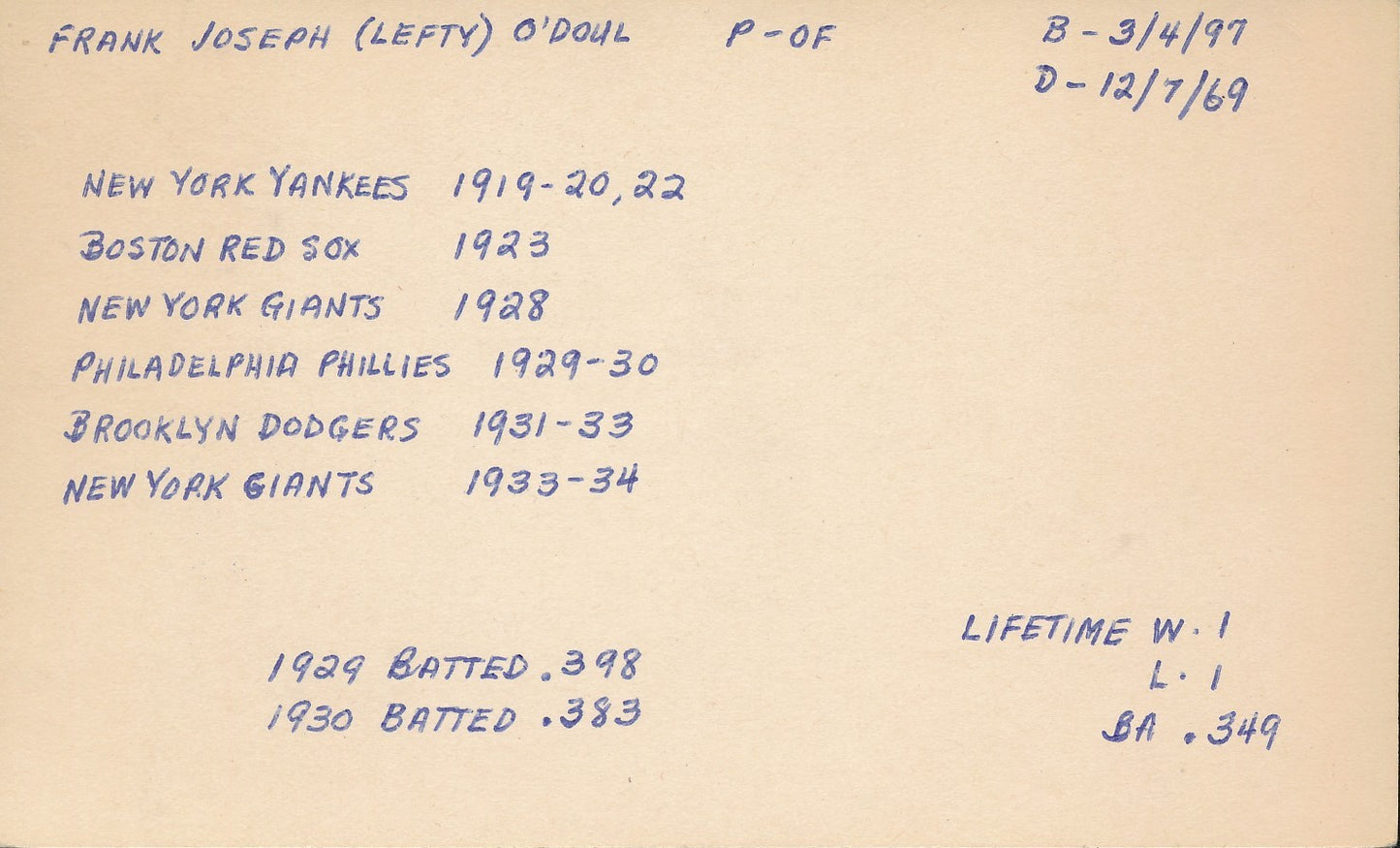 Lefty O'Doul Brooklyn Dodgers Signed/Autographed 3x5 Index Card 210345