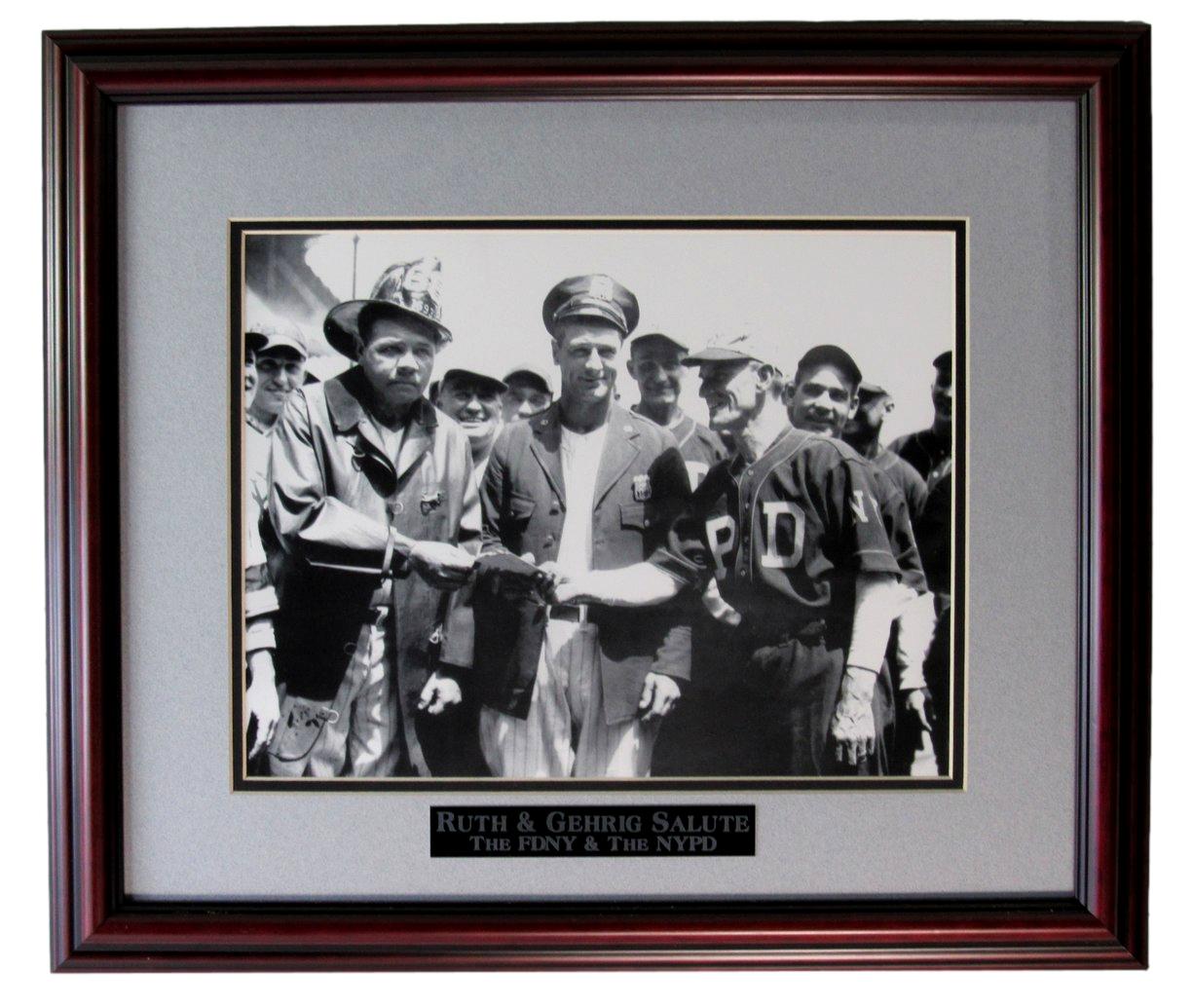 Babe Ruth Lou Gehrig 11x14 B/W Photo Salute by FDNY & NYPD Framed 209943