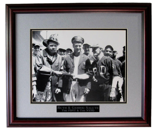 Babe Ruth Lou Gehrig 11x14 B/W Photo Salute by FDNY & NYPD Framed 209943