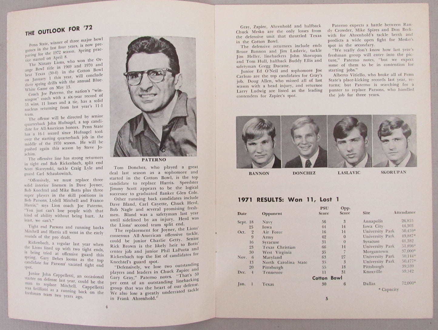 Penn State Football 1972 Outlook - Spring Joe Paterno RARE 210365