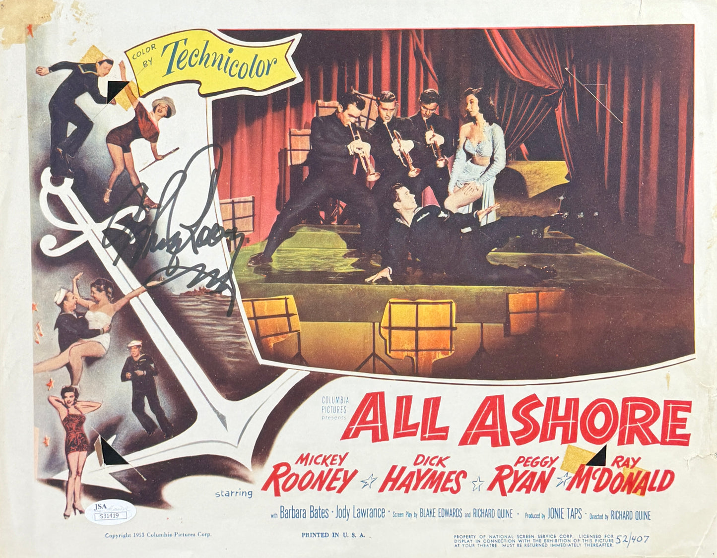 Mickey Rooney Signed/Autographed 11x14 Lobby Card "All Ashore" JSA 211655