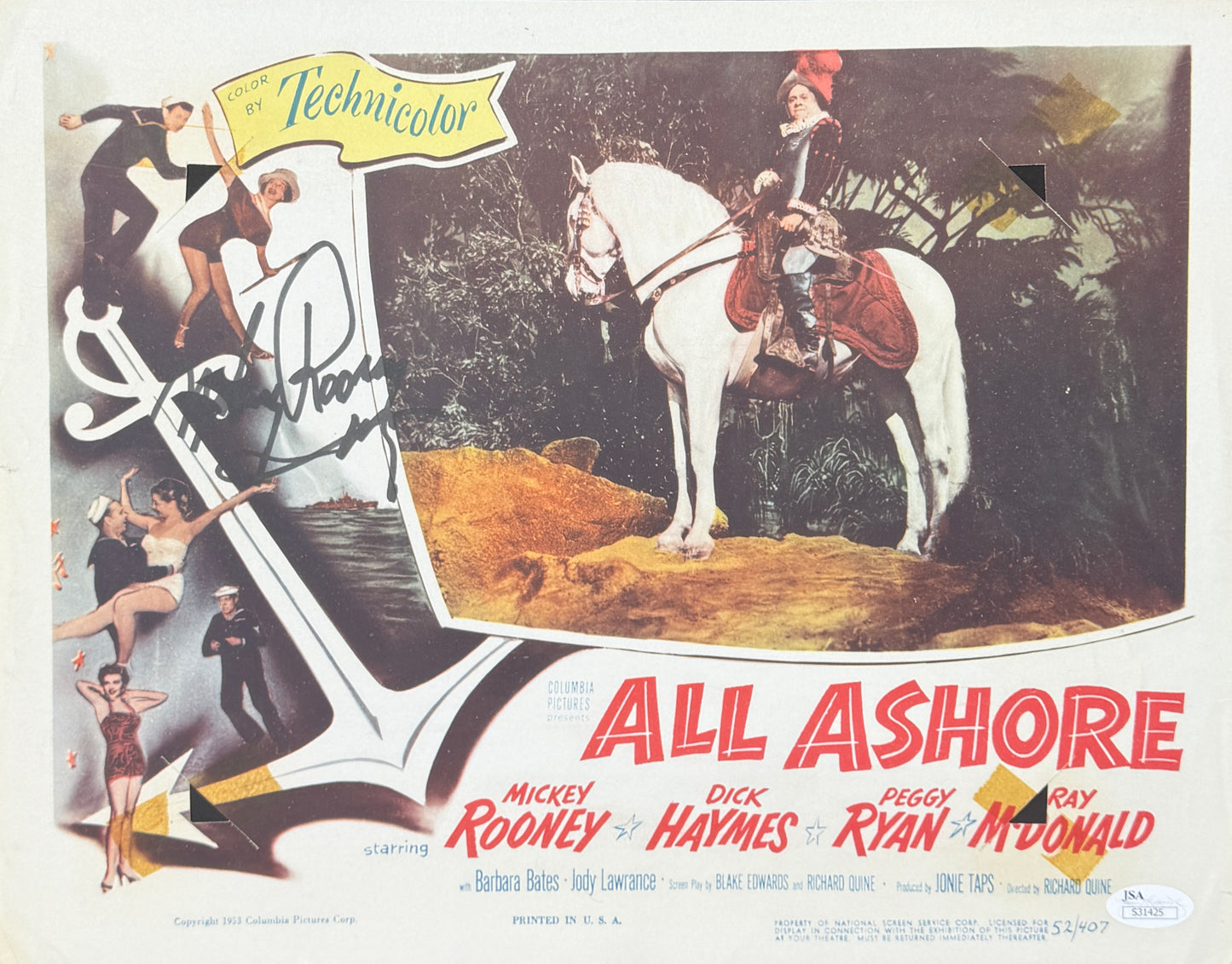 Mickey Rooney Signed/Auto 11x14 Lobby Card "All Ashore" JSA 211661
