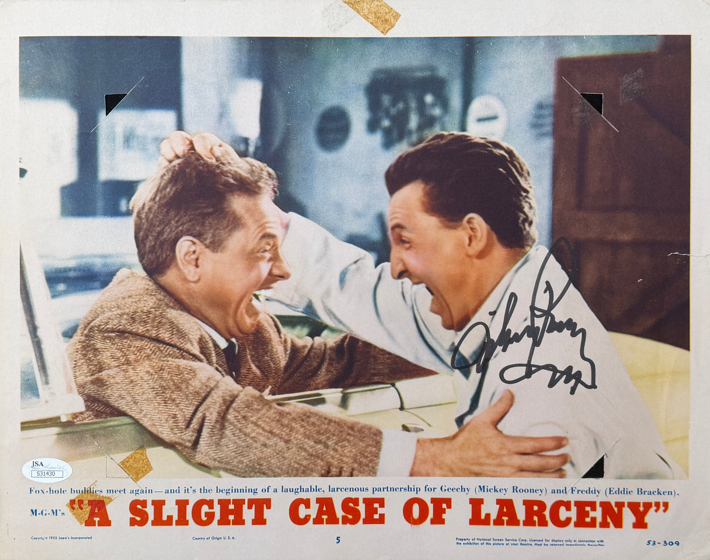Mickey Rooney Signed/Auto 11x14 Lobby Card "A Slight Case of Larceny" JSA 211664