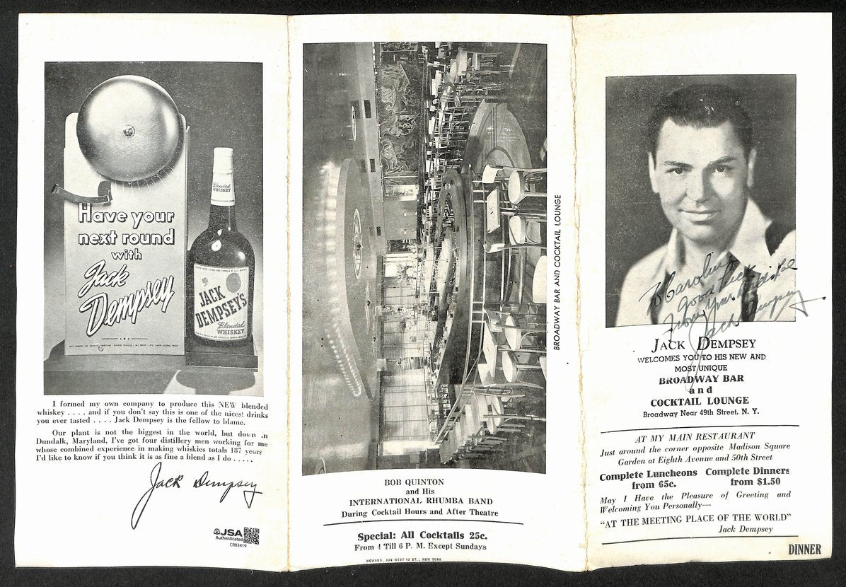 Jack Dempsey Autographed/Signed Bar & Lounge Restaurant Menu JSA BA211708