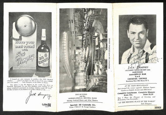 Jack Dempsey Autographed/Signed Bar & Lounge Restaurant Menu JSA BA211708