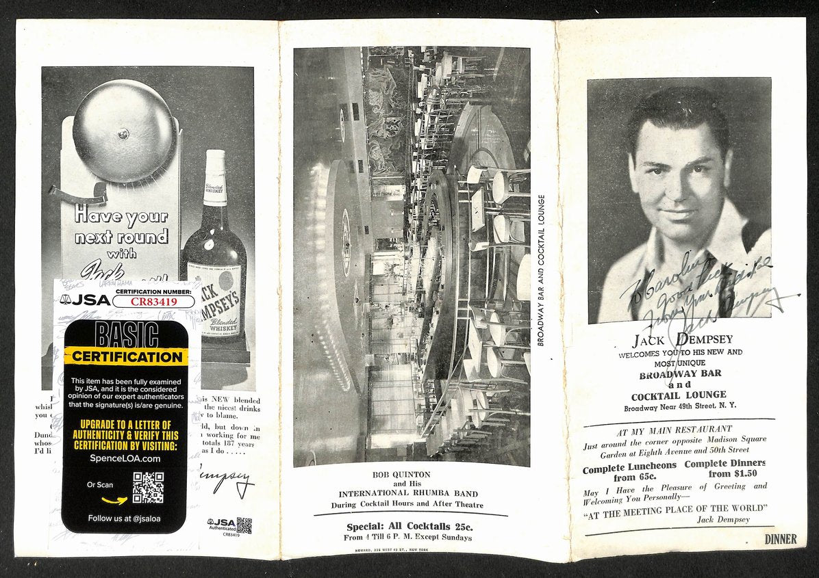 Jack Dempsey Autographed/Signed Bar & Lounge Restaurant Menu JSA BA211708