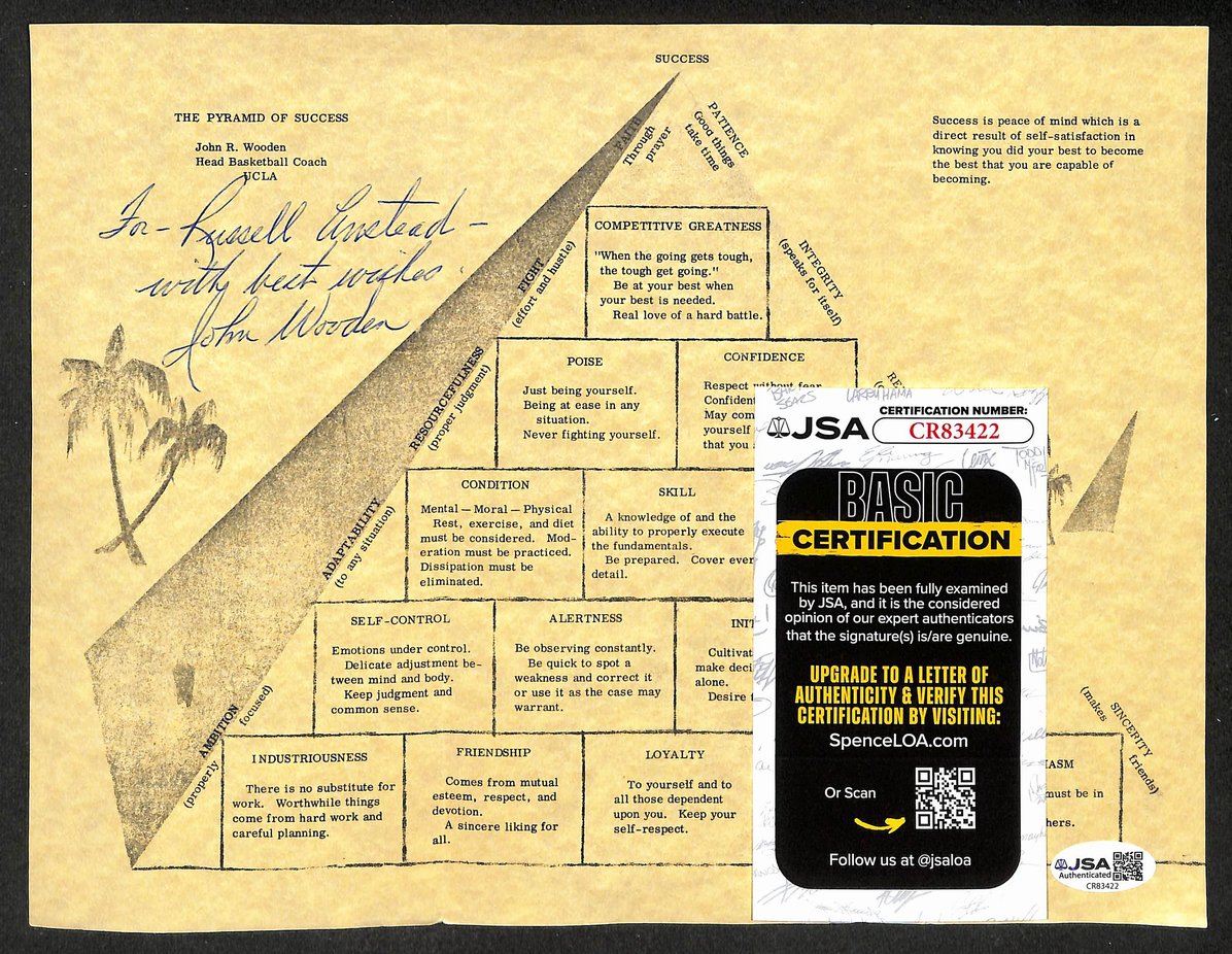 John Wooden HOF Autographed/Signed The Pyramid of Success Paper JSA BA211712