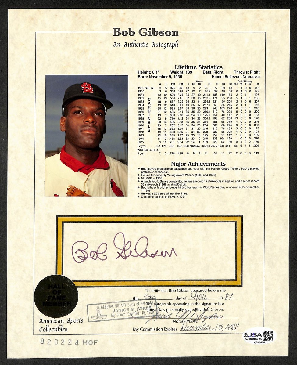 Bob Gibson HOF Autographed/Signed 8x10 Hall of Fame Stat Card Cardinals JSA BA210399