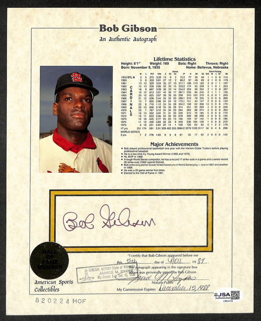 Bob Gibson HOF Autographed/Signed 8x10 Hall of Fame Stat Card Cardinals JSA BA210399
