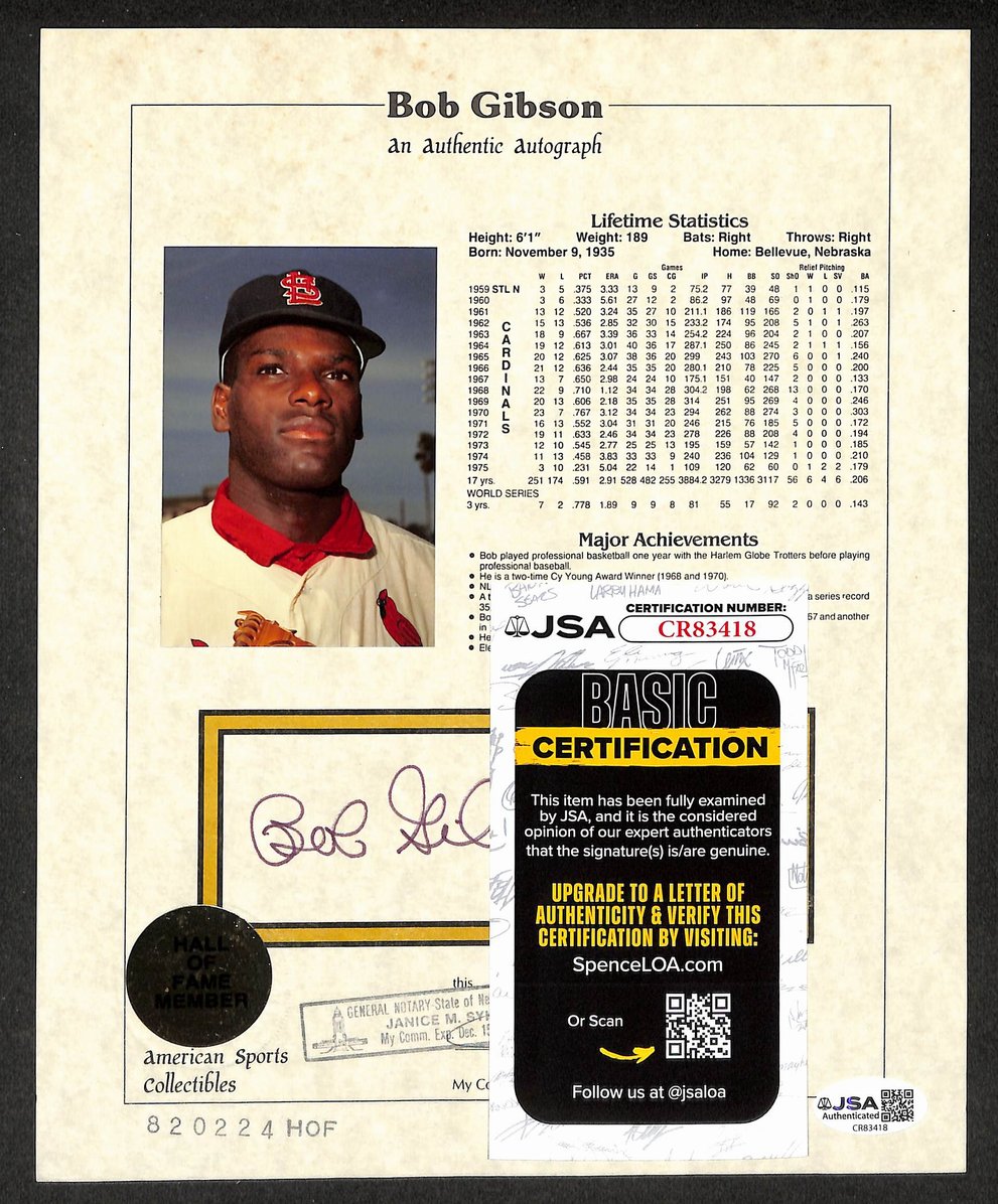 Bob Gibson HOF Autographed/Signed 8x10 Hall of Fame Stat Card Cardinals JSA BA210399