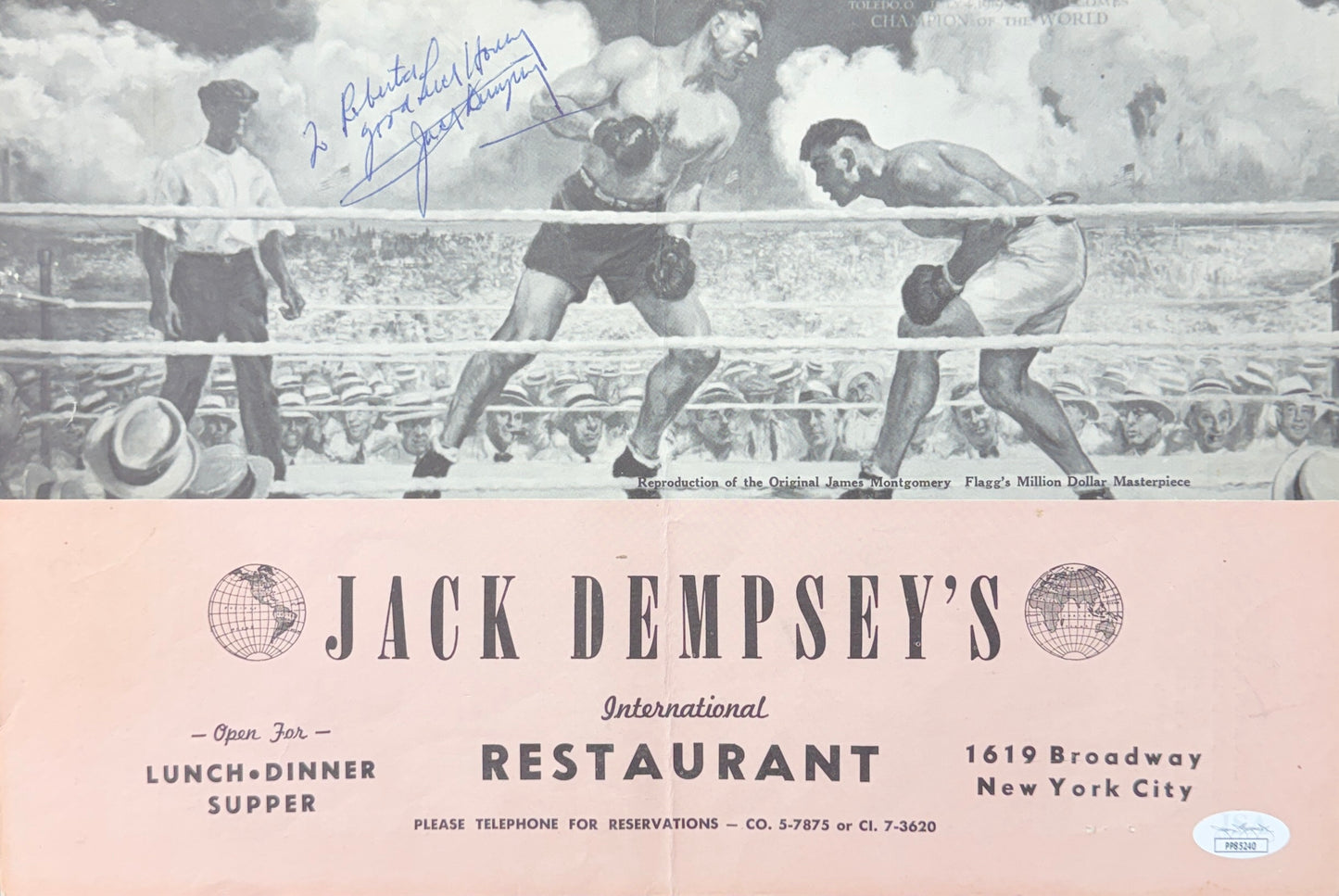 Jack Dempsey Autographed/Signed 14x9.5 Restaurant Menu JSA BA211681