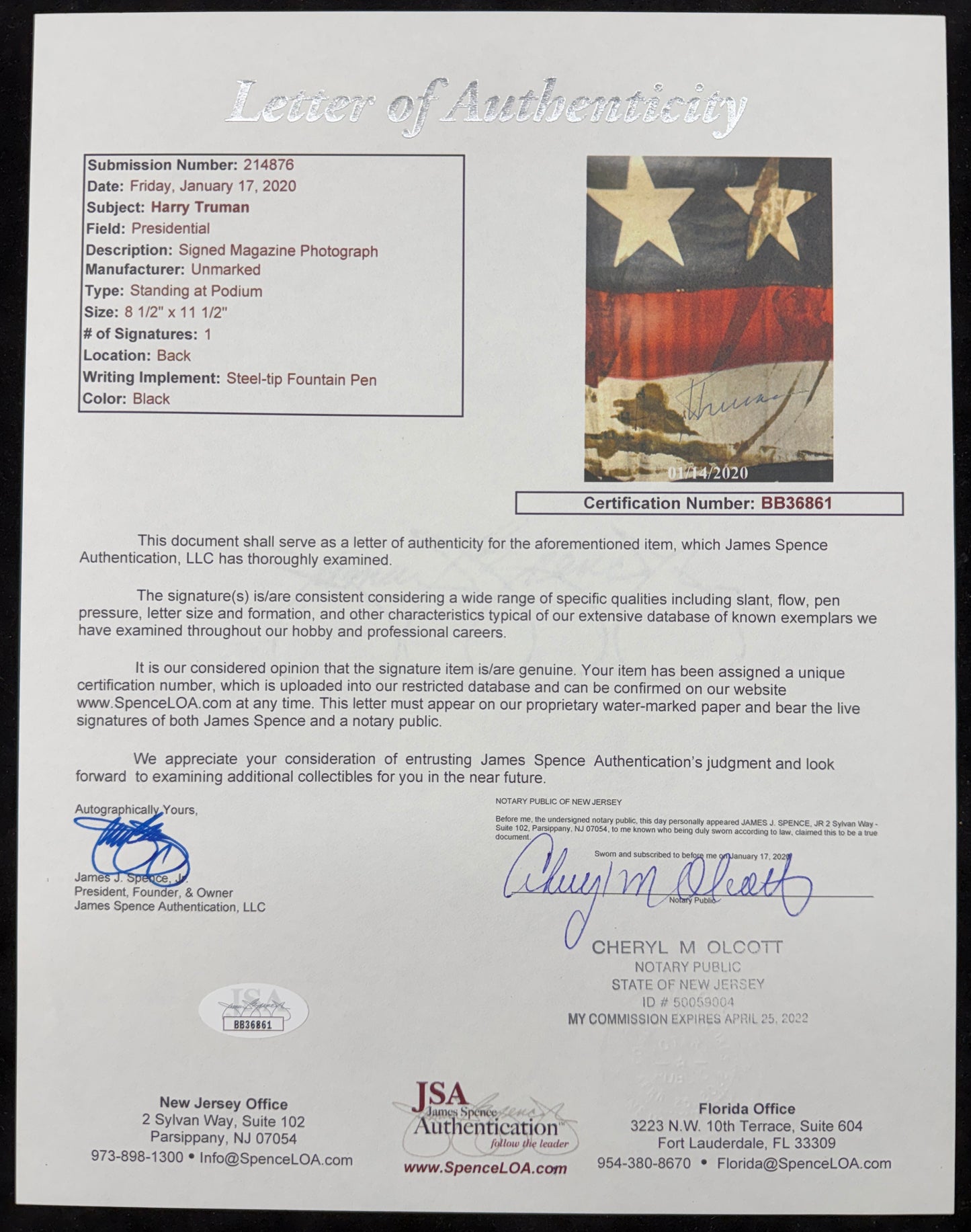 Harry Truman Autographed/Signed 8.5x11.5  Magazine Photo JSA Letter BA211668