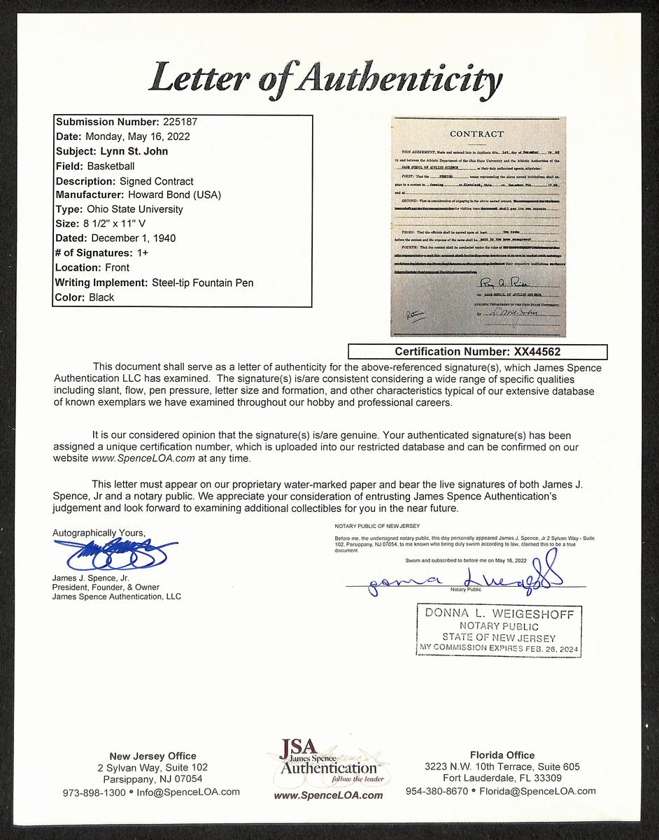 Lynn St. John HOF Signed 1940 Contract Ohio State & Case Western  JSA 198958