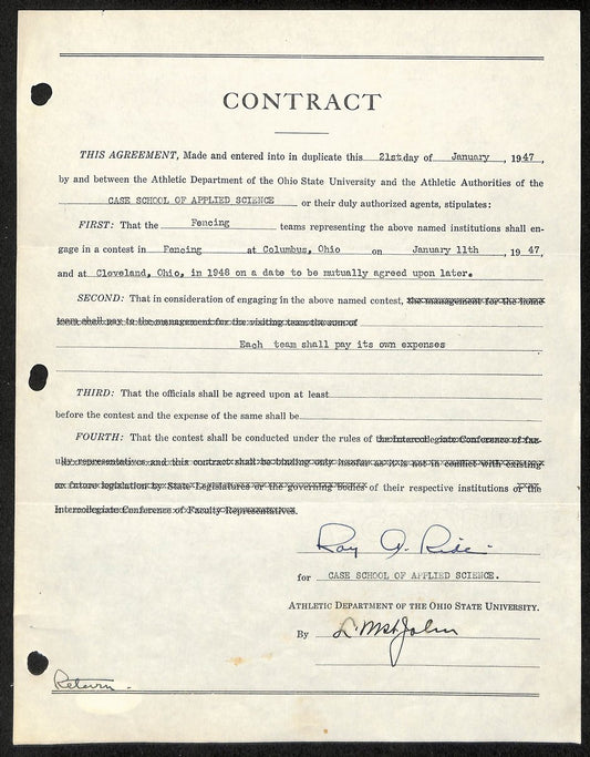 Lynn St. John HOF Signed 1947 Contract Ohio State & Case Western  JSA 198959