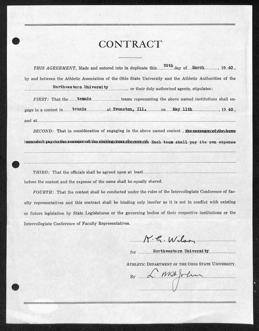 Lynn St. John HOF Signed 1940 Contract Ohio State & Northwestern  JSA 198960