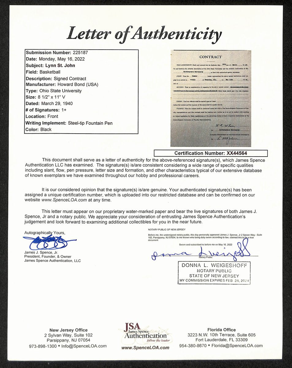 Lynn St. John HOF Signed 1940 Contract Ohio State & Northwestern  JSA 198960