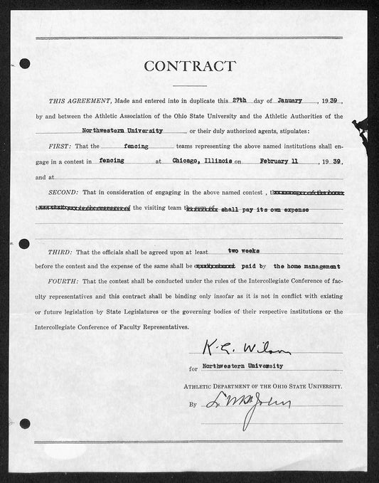 Lynn St. John HOF Signed 1939 Contract Ohio State & Northwestern  JSA 198961
