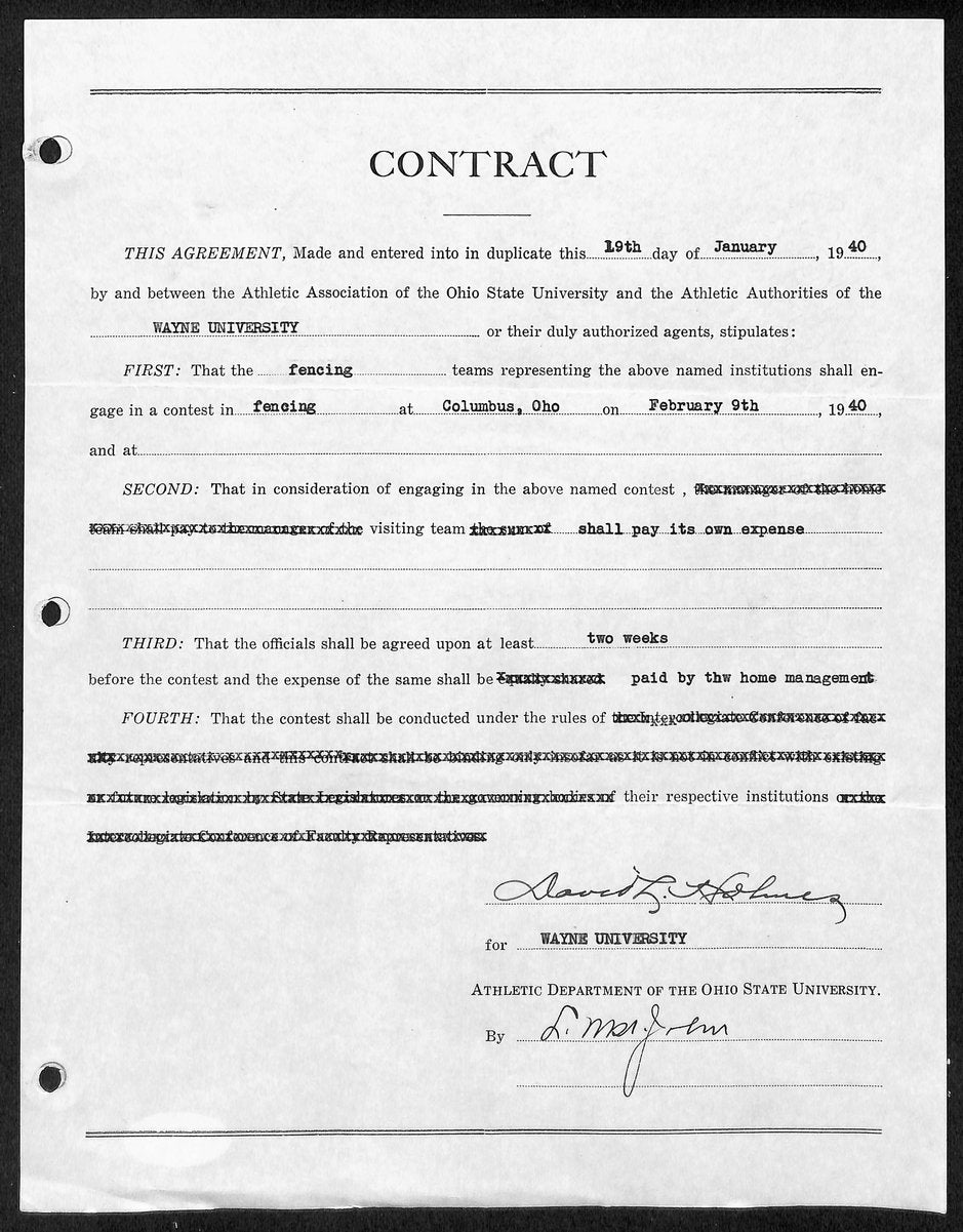 Lynn St. John HOF Signed 1940 Contract Ohio State & Wayne U  JSA 198964