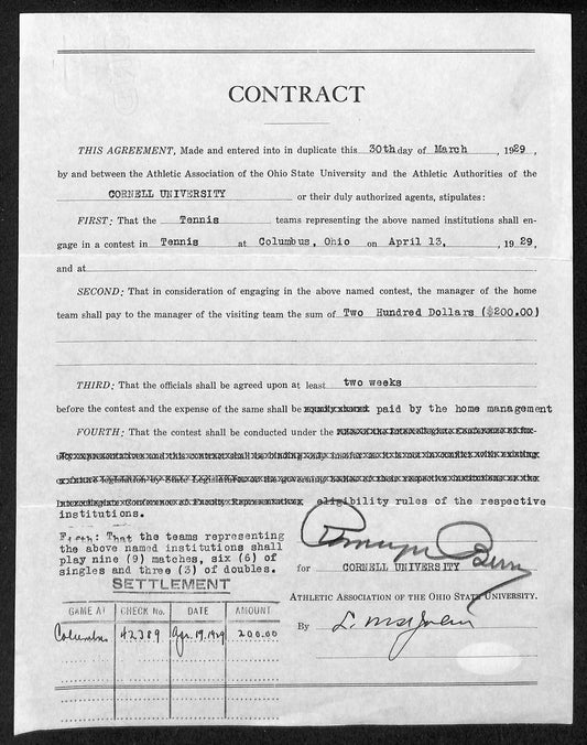 Lynn St. John HOF Signed 1929 Contract Ohio State & Cornell  JSA 198966