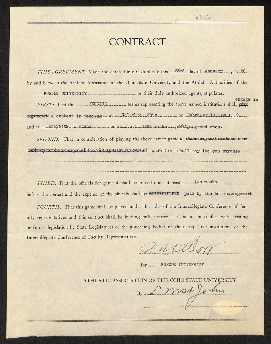 Lynn St. John HOF Signed 1928 Contract Ohio State & Purdue  JSA 198968