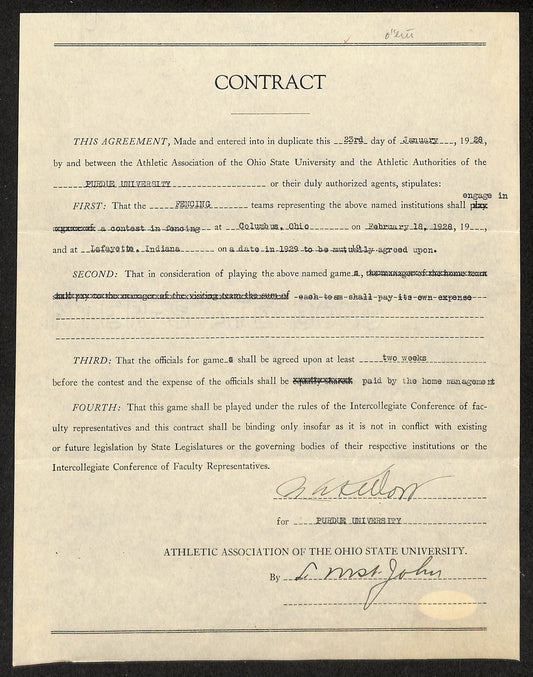 Lynn St. John HOF Signed 1928 Contract Ohio State & Purdue  JSA 198968