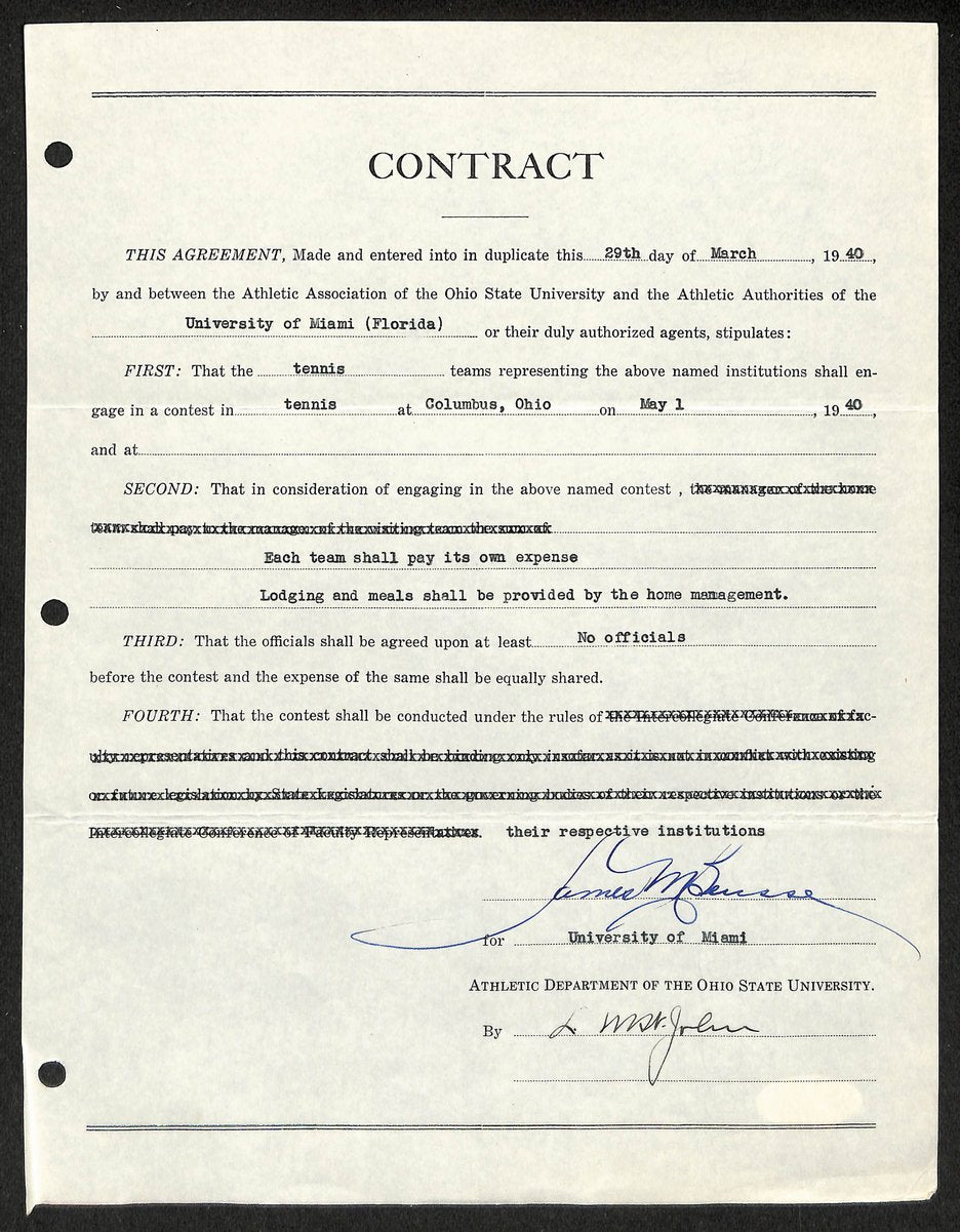 Lynn St. John HOF Signed 1940 Contract Ohio State & Miami  JSA 198970