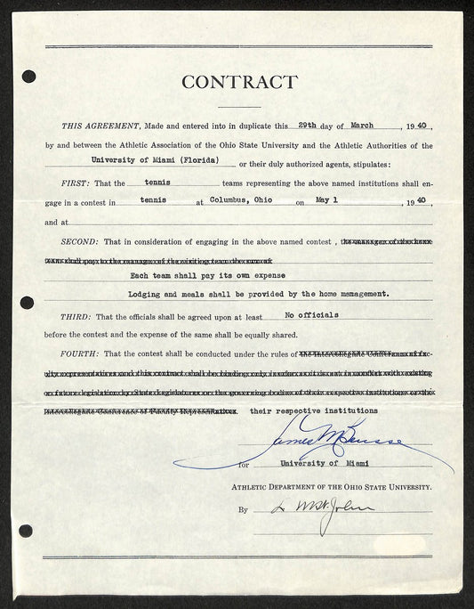 Lynn St. John HOF Signed 1940 Contract Ohio State & Miami  JSA 198970