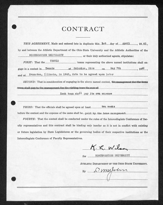 Lynn St. John HOF Signed 1942 Contract Ohio State & Northwestern  JSA 198974
