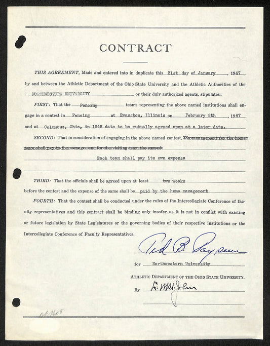Lynn St. John HOF Signed 1947 Contract Ohio State & Northwestern  JSA 198956