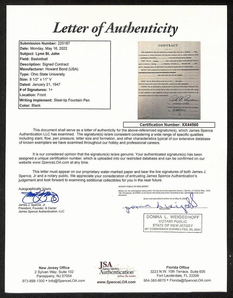 Lynn St. John HOF Signed 1947 Contract Ohio State & Northwestern  JSA 198956