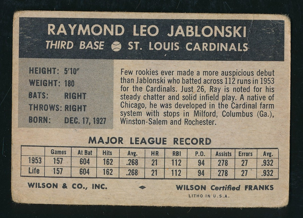 Ray Jablonski St. Louis Cardinals Signed/Auto 1954 Wilson Franks Card #10  211983