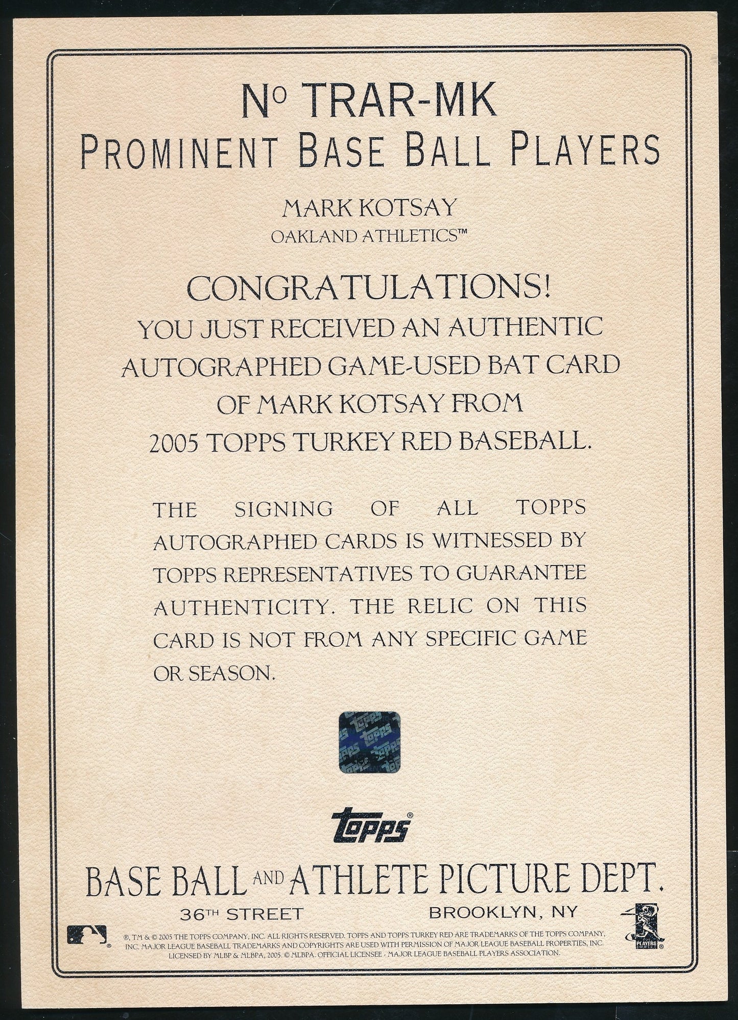 Mark Kotsay Signed/Auto 2005 Topps Turkey Red Card #TRAR-MK w/ Bat Relic 211984