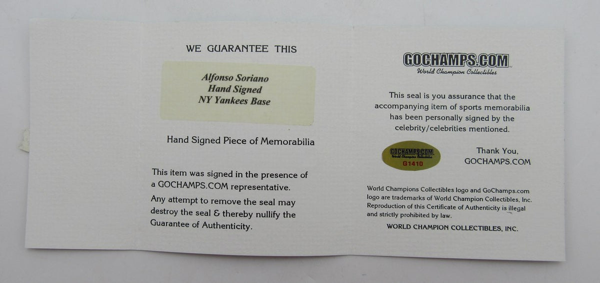 Alfonso Soriano New York Yankees Hand Signed/Auto New York Yankees Base  IXL63