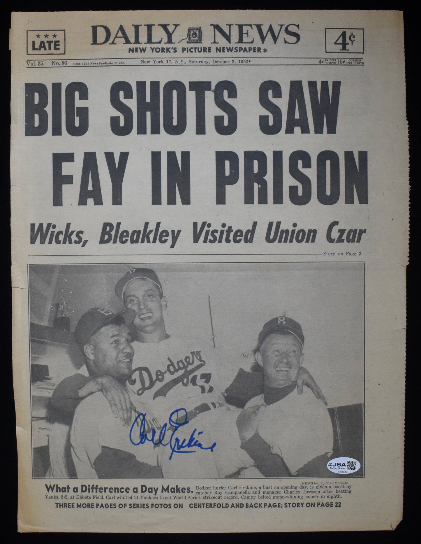 Carl Erskine Autographed/Signed 1953 Daily News Newspaper Cover JSA 211929