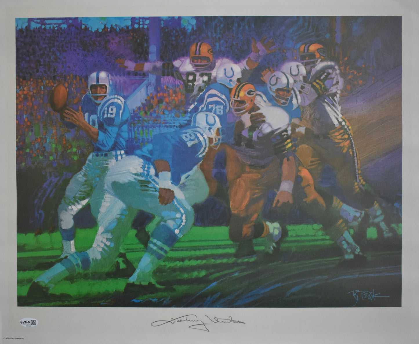 Johnny Unitas HOF Autographed/Signed 18x22 Artist Print Colts JSA 211939