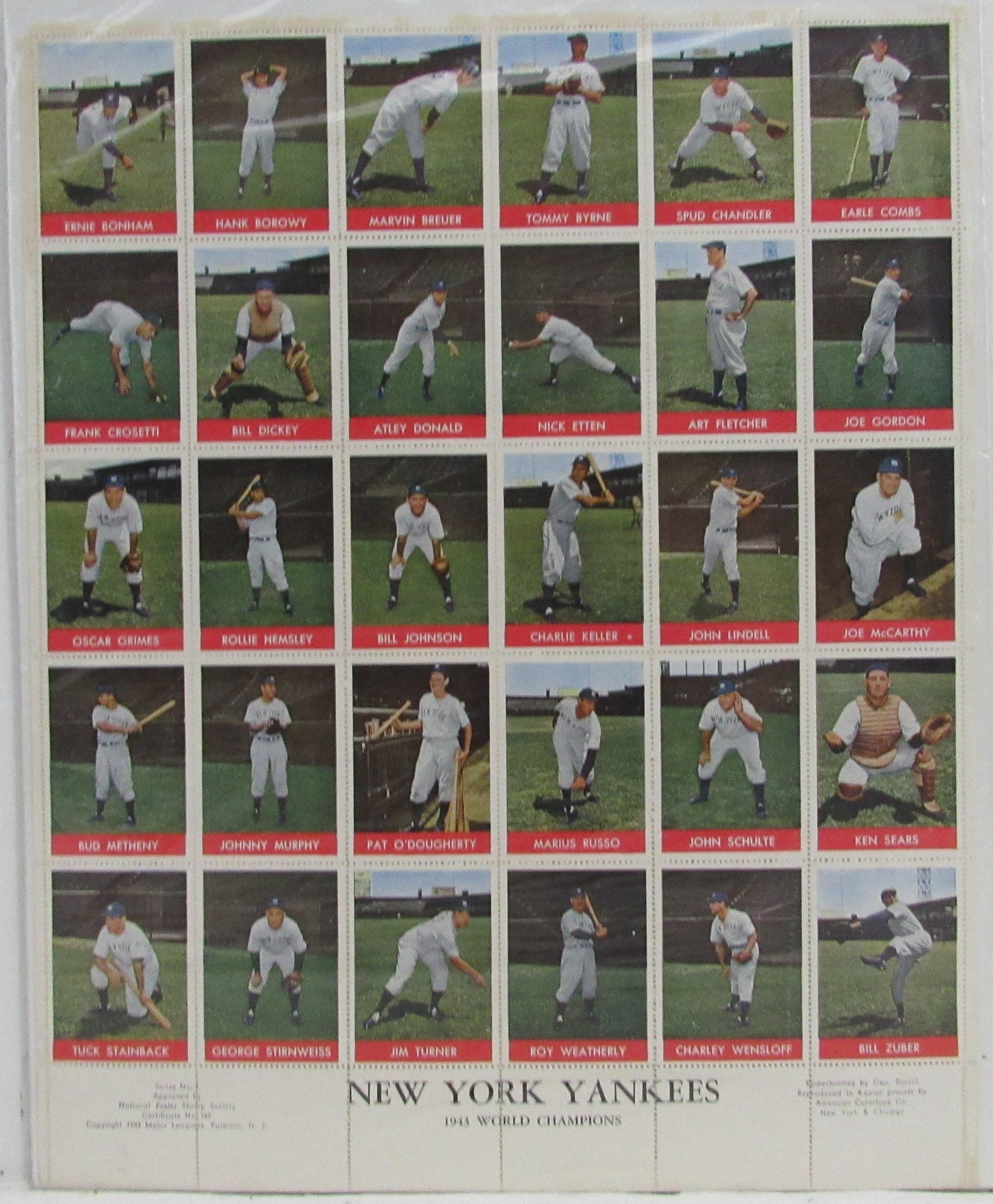 New York Yankees 1943 World Champions (30) Stamp Sheet Originals 211996