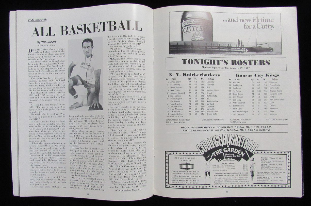 1/29/1977 New York Knicks vs. Kansas City Kings NBA Game Program 211044