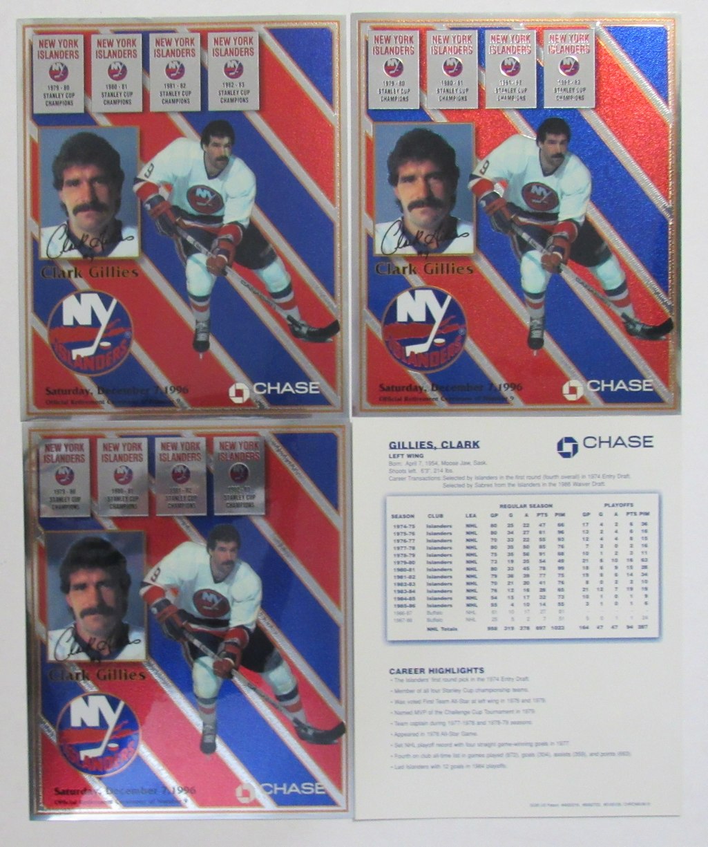Lot of (4) 12/7/1996 Clark Gilles 8x10 Retirement Picture and Stats Card 211056