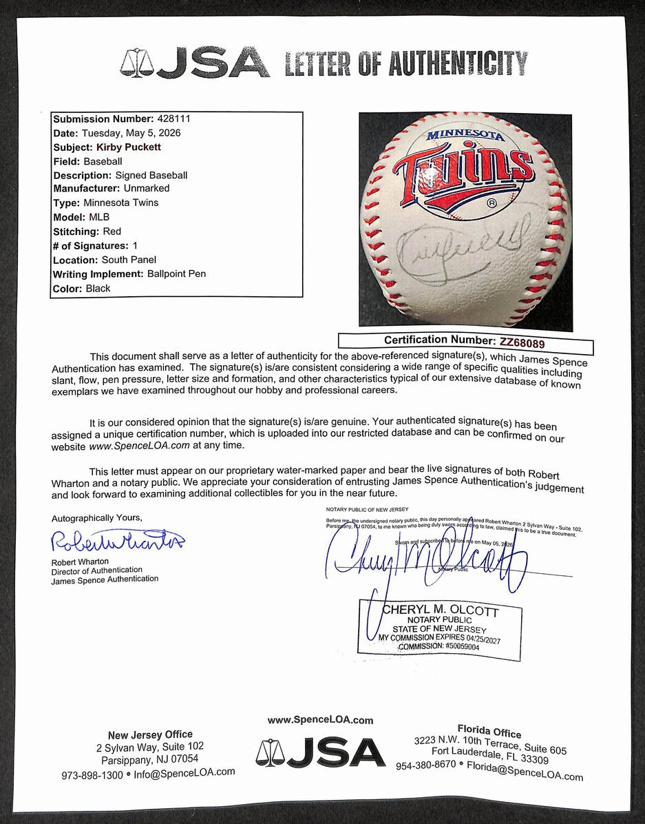 Kirby Puckett HOF Signed/Autographed Minnesota Twins Logo Baseball JSA  211882