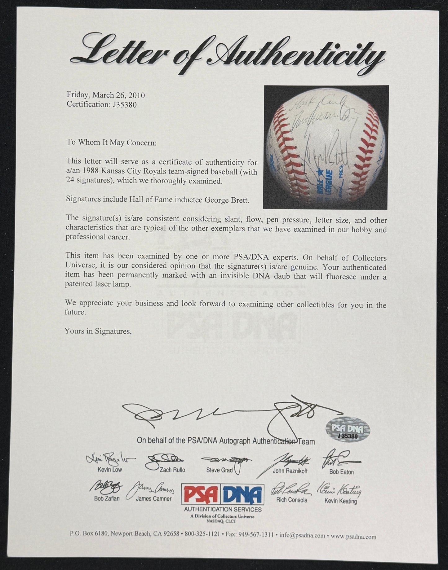 1988 Kansas City Royals Team-Signed OAL Baseball (24) Brett PSA/DNA 212322
