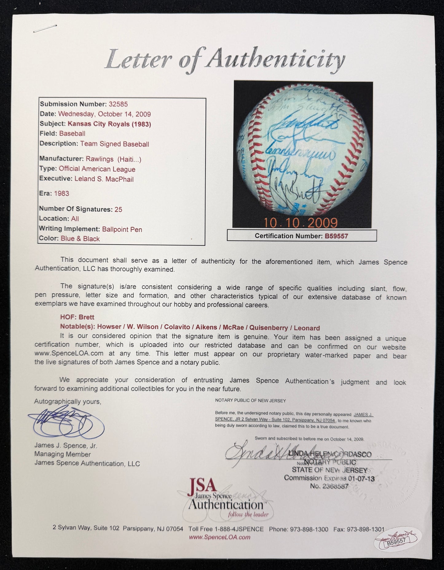 1983 Kansas City Royals Team-Signed OAL Baseball (25) Brett HOF JSA 212329