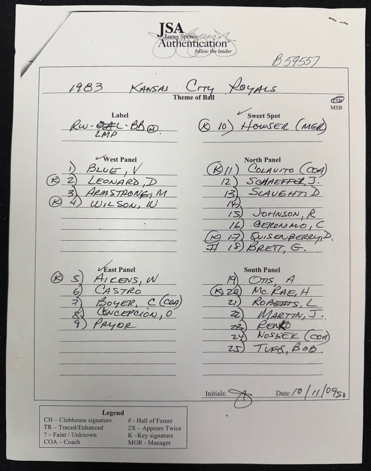 1983 Kansas City Royals Team-Signed OAL Baseball (25) Brett HOF JSA 212329