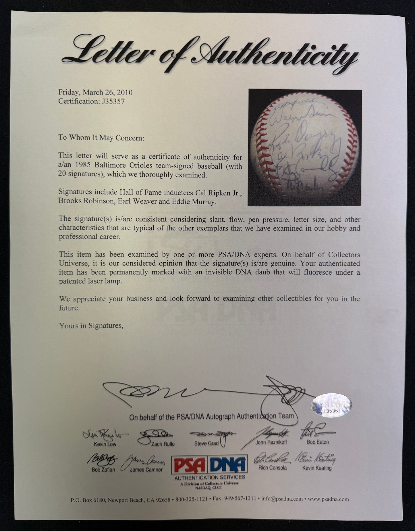 1985 Baltimore Orioles Team-Signed OAL Baseball (20) Ripken Jr. PSA/DNA 212330