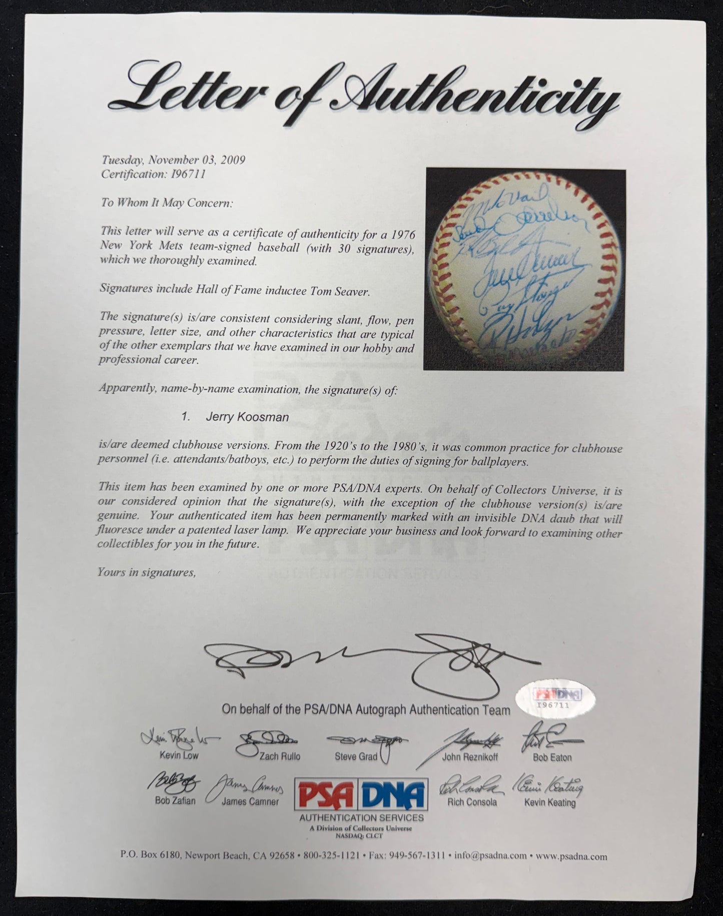 1976 New York Mets Team-Signed ONL Baseball (30) Tom Seaver PSA/DNA 212331