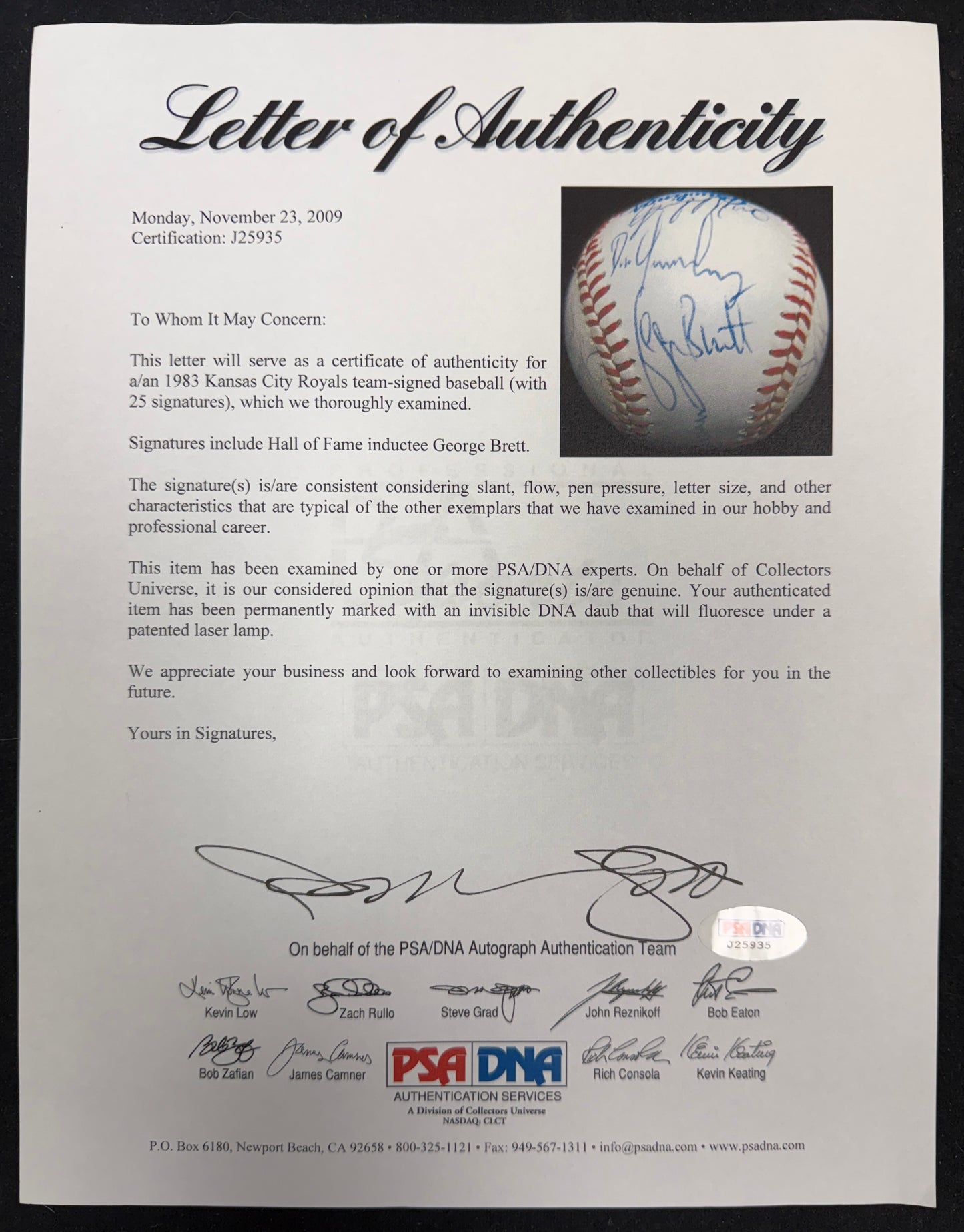 1983 Kansas City Royals Team-Signed OAL Baseball (25) Brett HOF JSA 212332