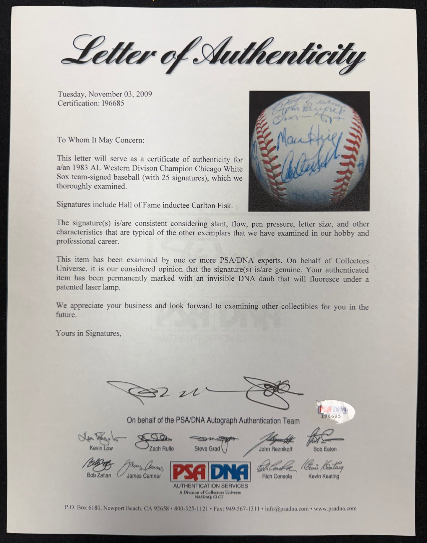 1983 Chicago White Sox Team-Signed OAL Baseball (25) Carlton Fisk PSA/DNA 212335