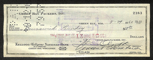 Vince Lombardi HOF Packers Signed/Autographed 1960 Bank Check JSA LOA 212346