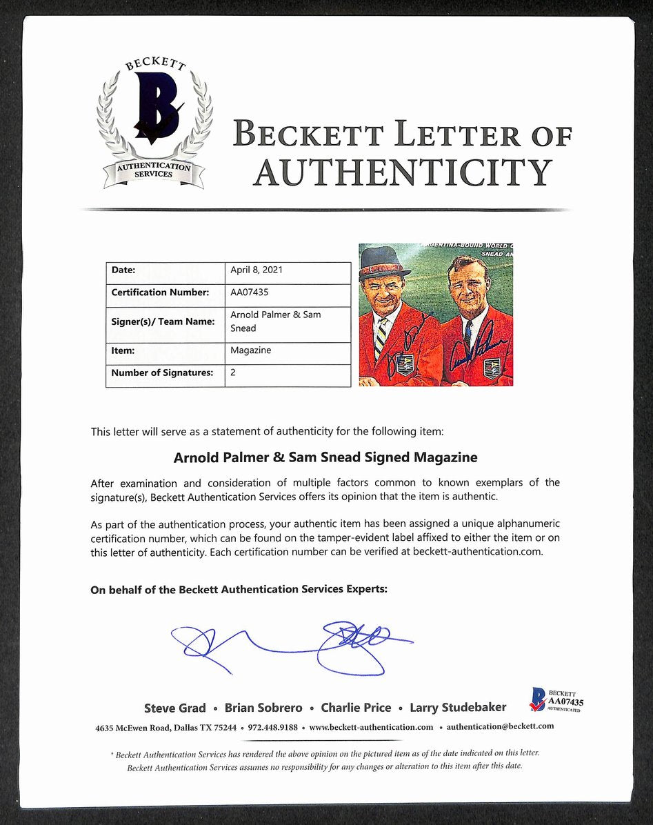 Sam Snead & Arnold Palmer Signed 1962 Sports Illustrated Golf BAS Letter 212077