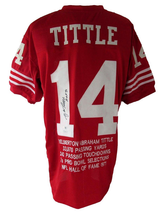 Y.A. Tittle HOF Signed/Inscr Red Giants Custom Football Stats Jersey JSA XHC71